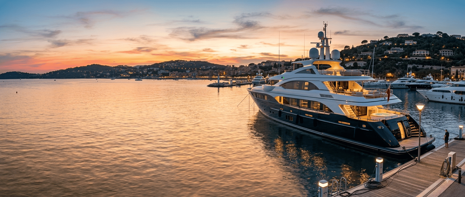 Luxury yacht docked at sunset