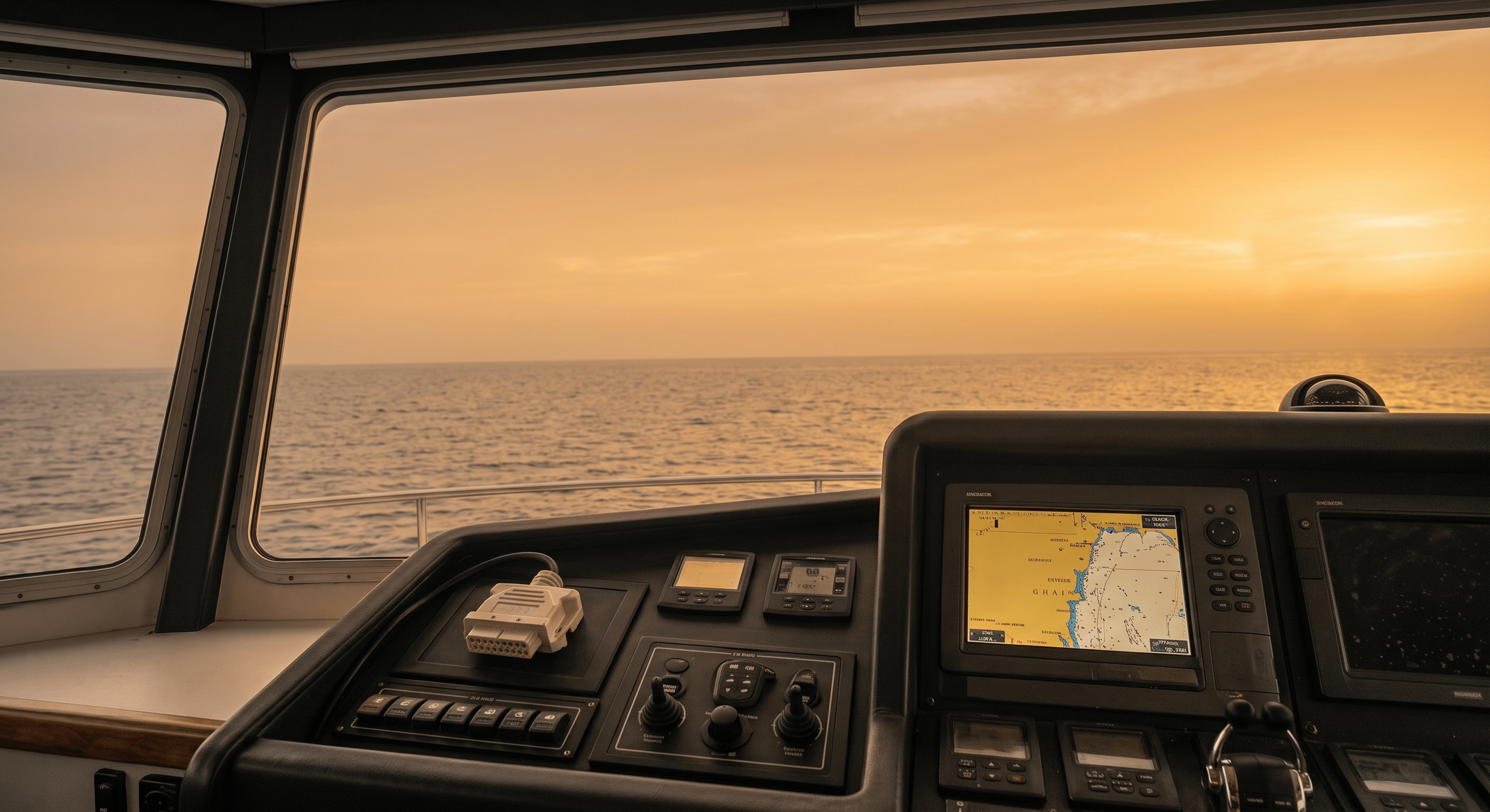 Boat helm and electronics overlooking the ocean at sunset